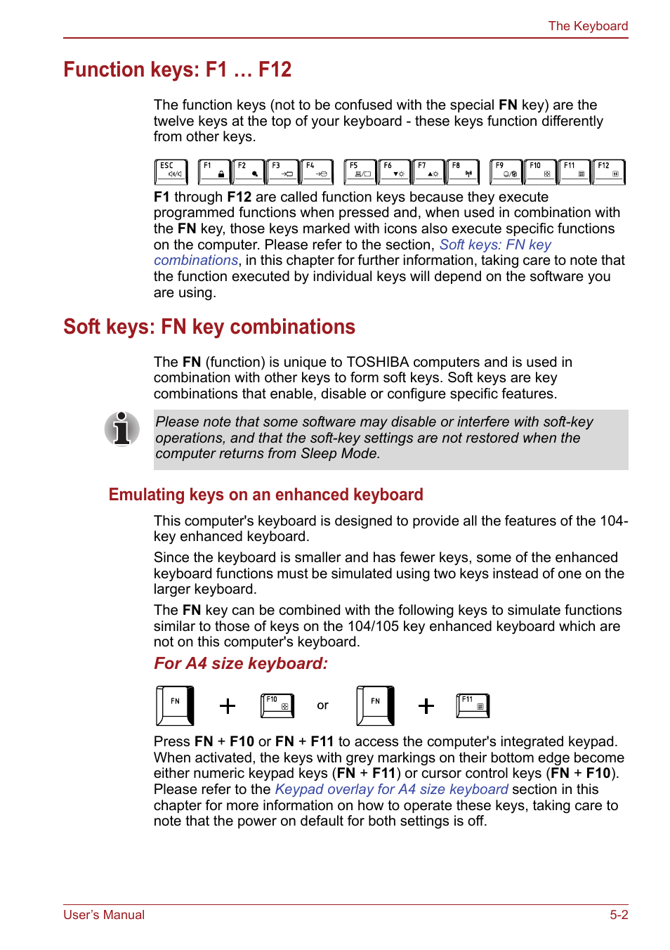 Function keys: f1 … f12, Soft keys: fn key combinations, Emulating keys on an enhanced keyboard | Toshiba Satellite Pro S750 User Manual | Page 128 / 204