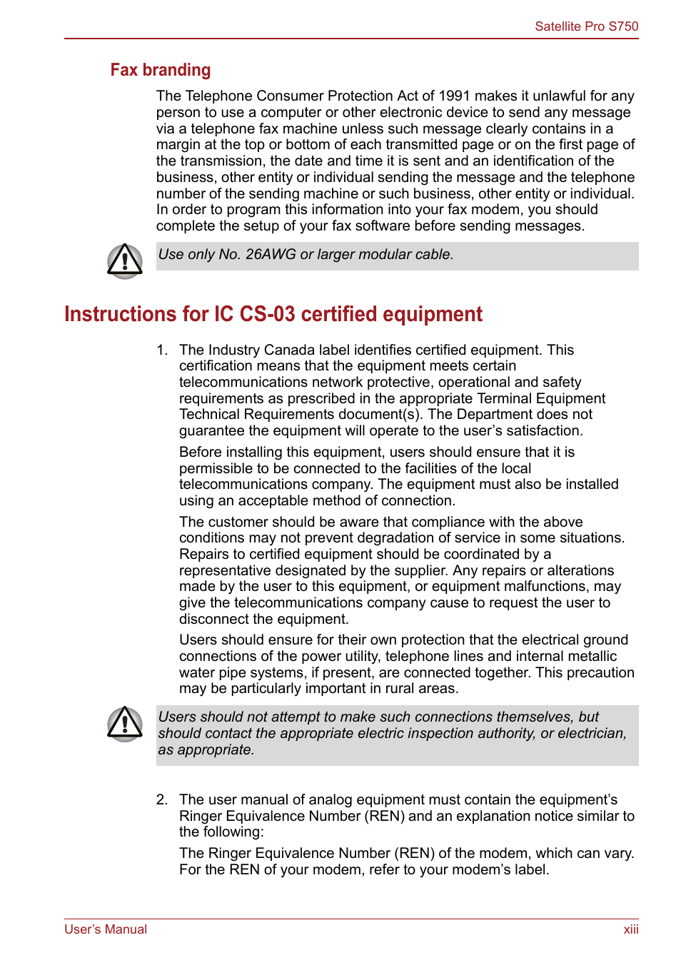 Instructions for ic cs-03 certified equipment, Fax branding | Toshiba Satellite Pro S750 User Manual | Page 13 / 204