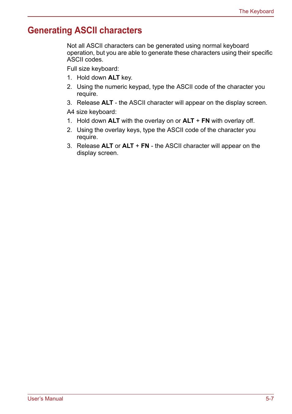 Generating ascii characters, Generating ascii characters -7 | Toshiba Satellite Pro S750 User Manual | Page 133 / 204