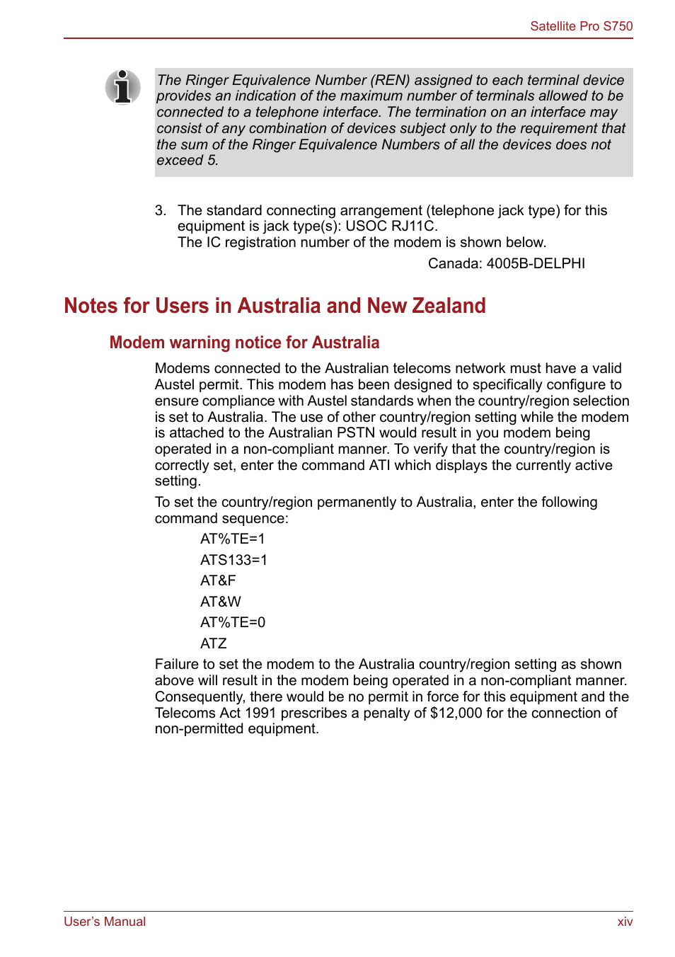 Notes for users in australia and new zealand, Modem warning notice for australia | Toshiba Satellite Pro S750 User Manual | Page 14 / 204