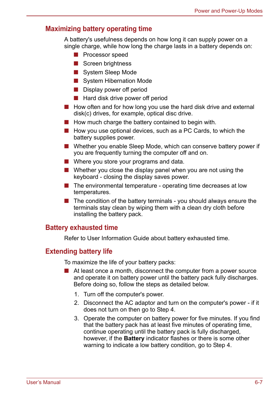 Maximizing battery operating time, Battery exhausted time, Extending battery life | Toshiba Satellite Pro S750 User Manual | Page 140 / 204