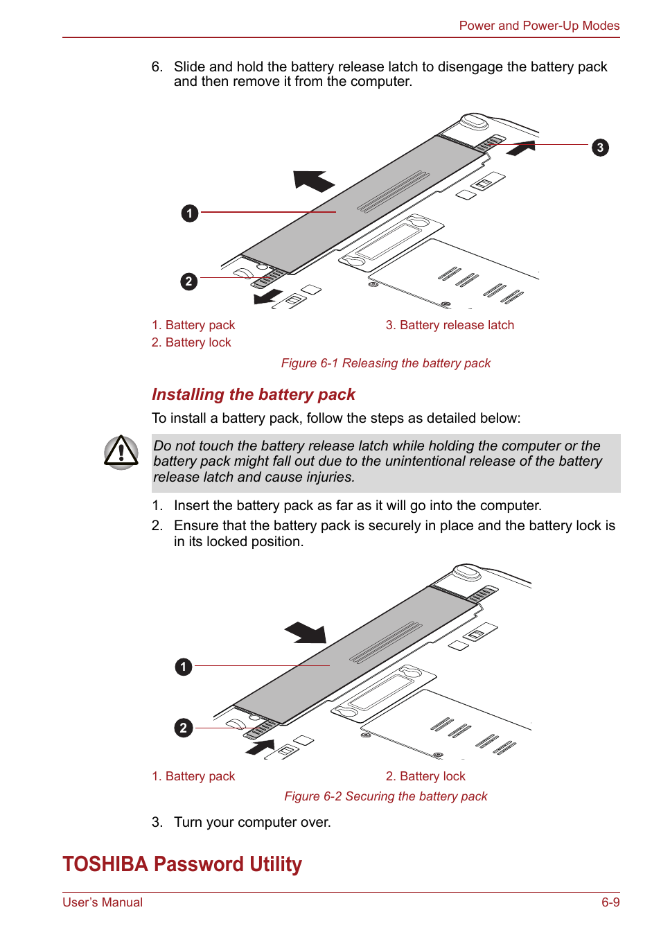 Toshiba password utility, Toshiba password utility -9, Installing the battery pack | Toshiba Satellite Pro S750 User Manual | Page 142 / 204