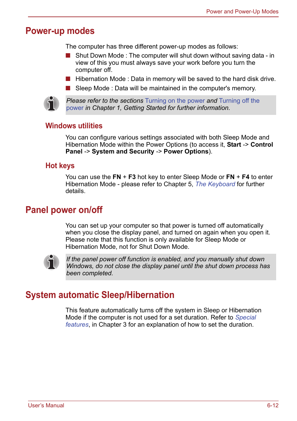 Power-up modes, Panel power on/off, System automatic sleep/hibernation | Toshiba Satellite Pro S750 User Manual | Page 145 / 204