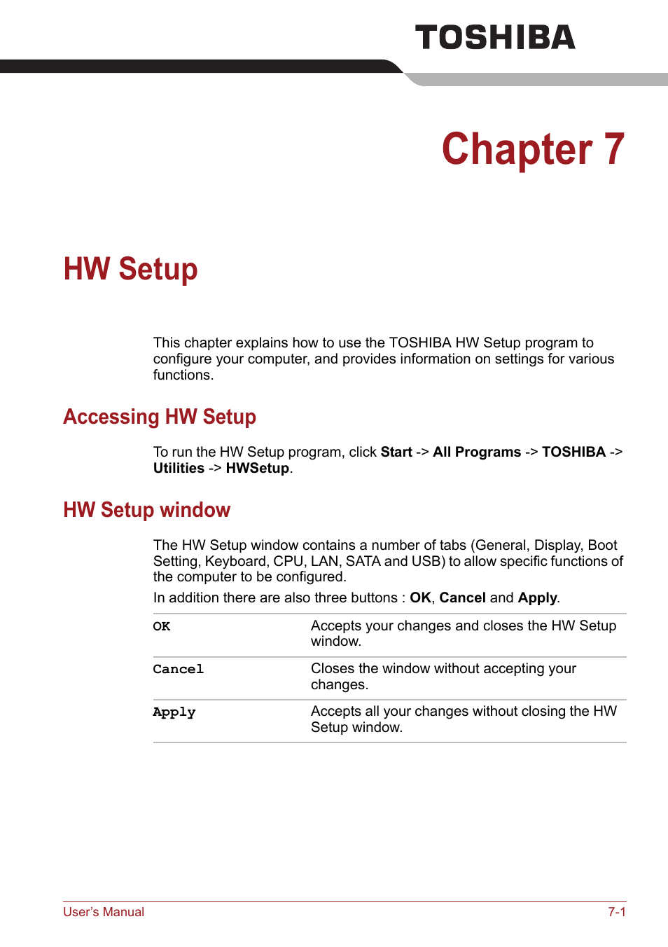 Chapter 7, Hw setup, Accessing hw setup | Hw setup window, Accessing hw setup -1 hw setup window -1 | Toshiba Satellite Pro S750 User Manual | Page 146 / 204