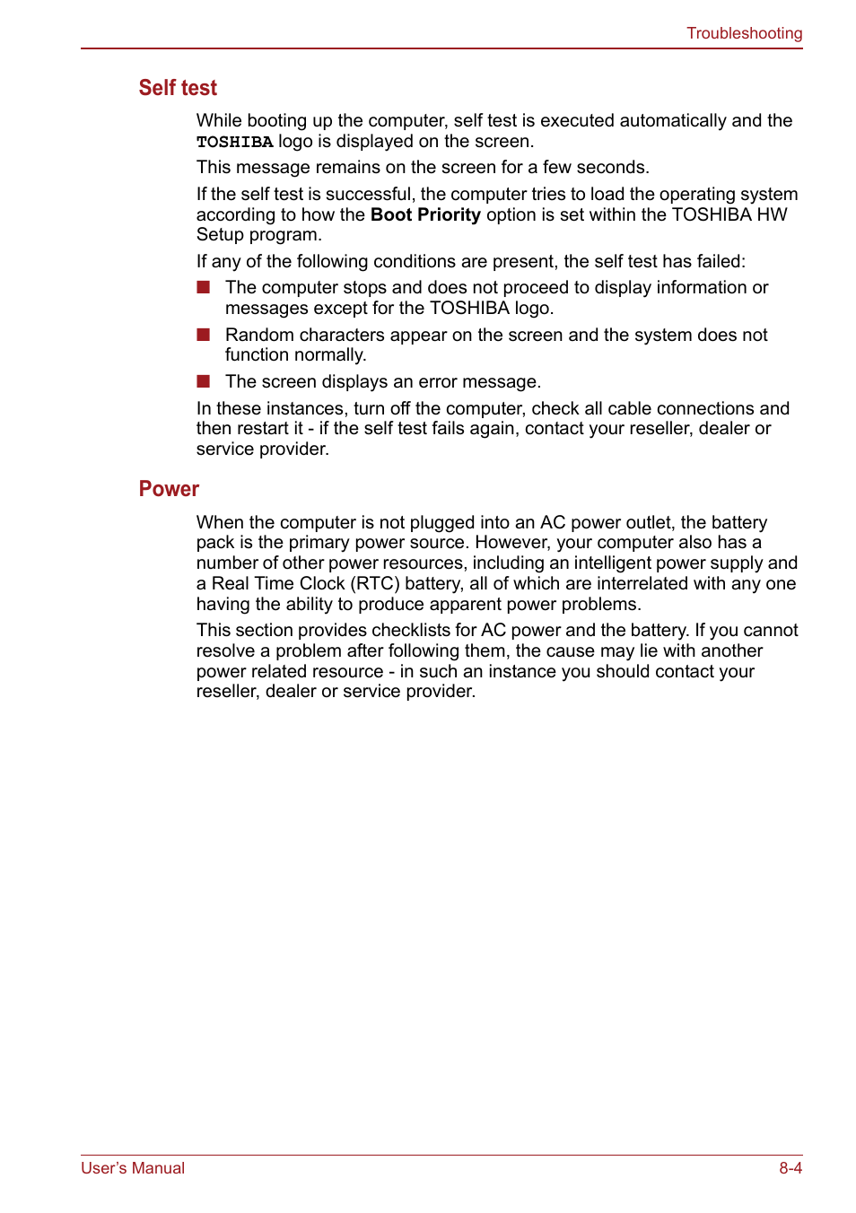 Self test, Power | Toshiba Satellite Pro S750 User Manual | Page 154 / 204