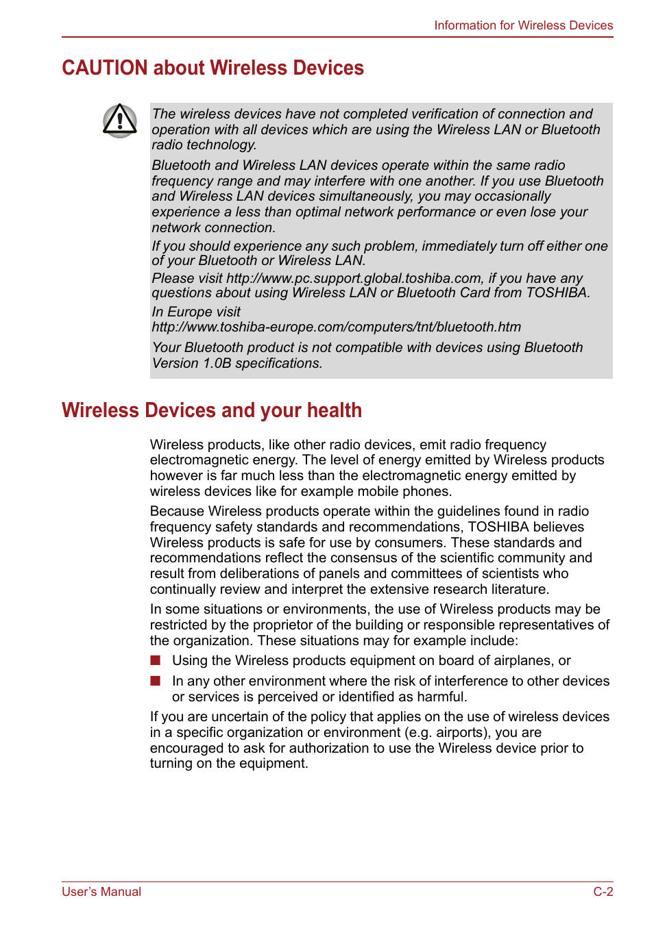 Caution about wireless devices, Wireless devices and your health | Toshiba Satellite Pro S750 User Manual | Page 178 / 204