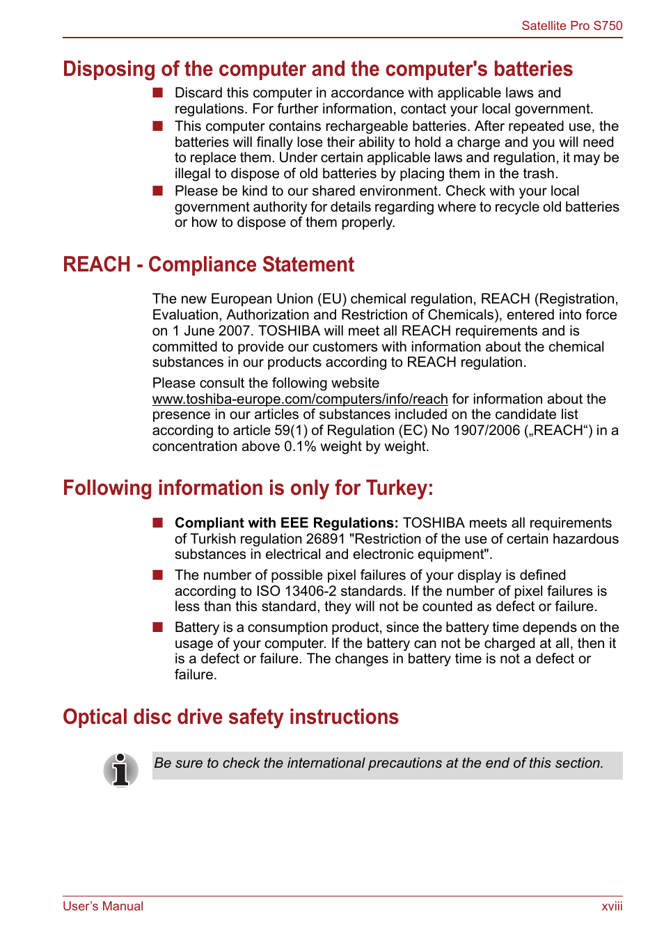 Reach - compliance statement, Following information is only for turkey, Optical disc drive safety instructions | Toshiba Satellite Pro S750 User Manual | Page 18 / 204