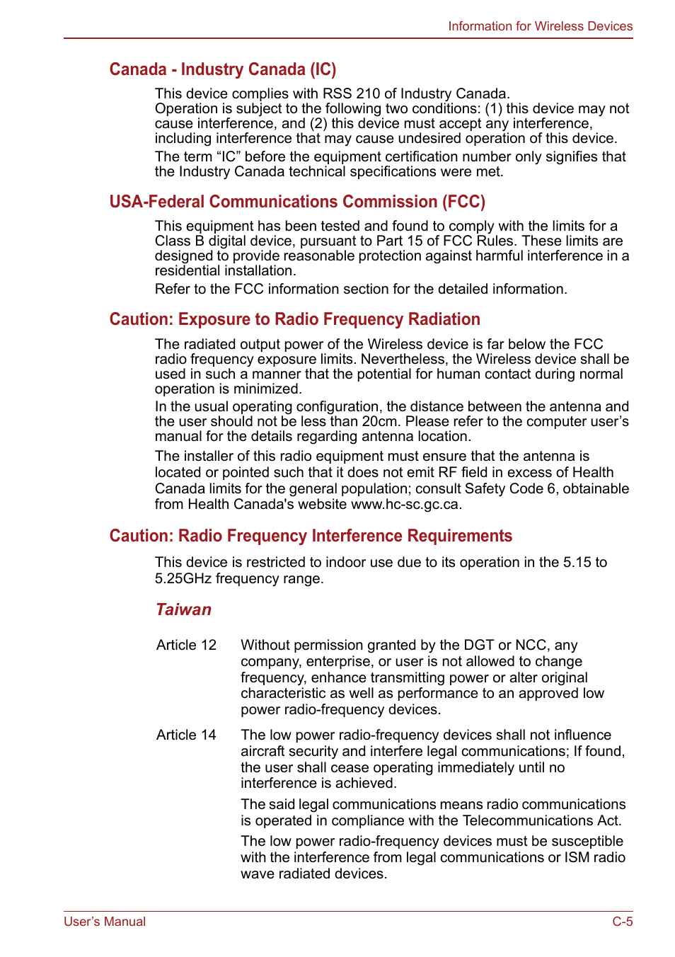 Canada - industry canada (ic), Usa-federal communications commission (fcc), Caution: exposure to radio frequency radiation | Caution: radio frequency interference requirements | Toshiba Satellite Pro S750 User Manual | Page 181 / 204