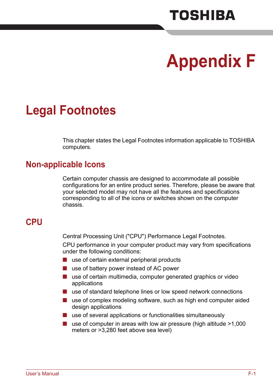 Appendix f, Legal footnotes, Non-applicable icons | Toshiba Satellite Pro S750 User Manual | Page 195 / 204
