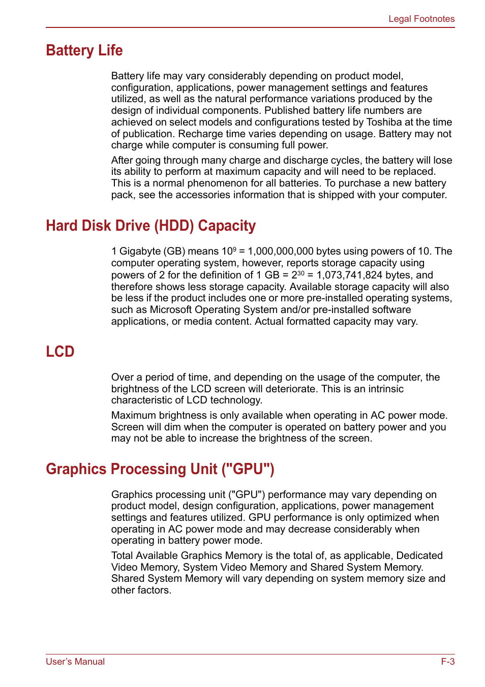 Battery life, Hard disk drive (hdd) capacity, Graphics processing unit ("gpu") | Toshiba Satellite Pro S750 User Manual | Page 197 / 204