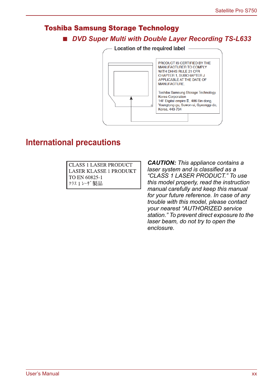 International precautions | Toshiba Satellite Pro S750 User Manual | Page 20 / 204