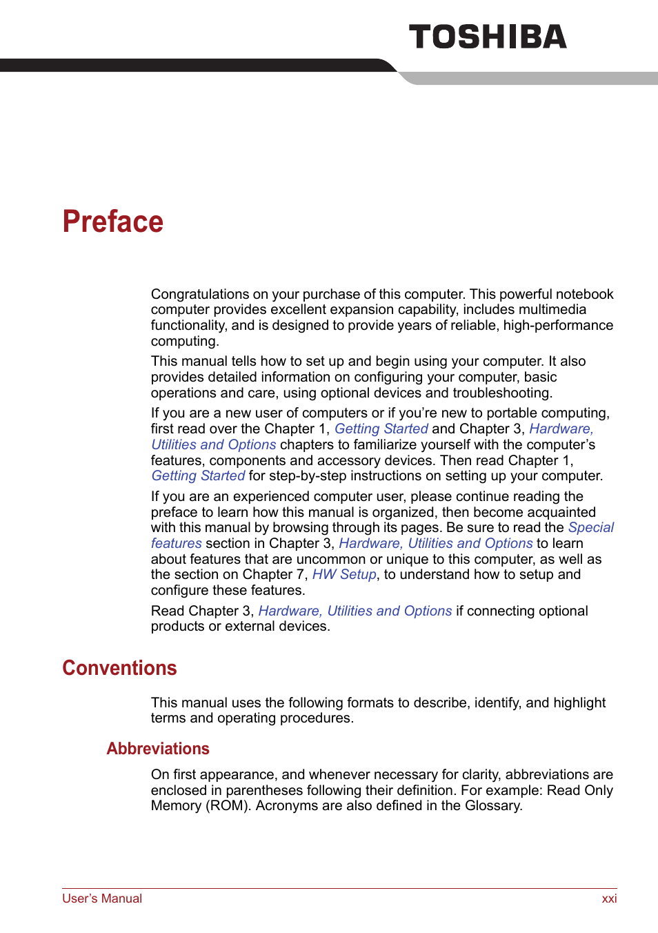 Preface, Conventions | Toshiba Satellite Pro S750 User Manual | Page 21 / 204