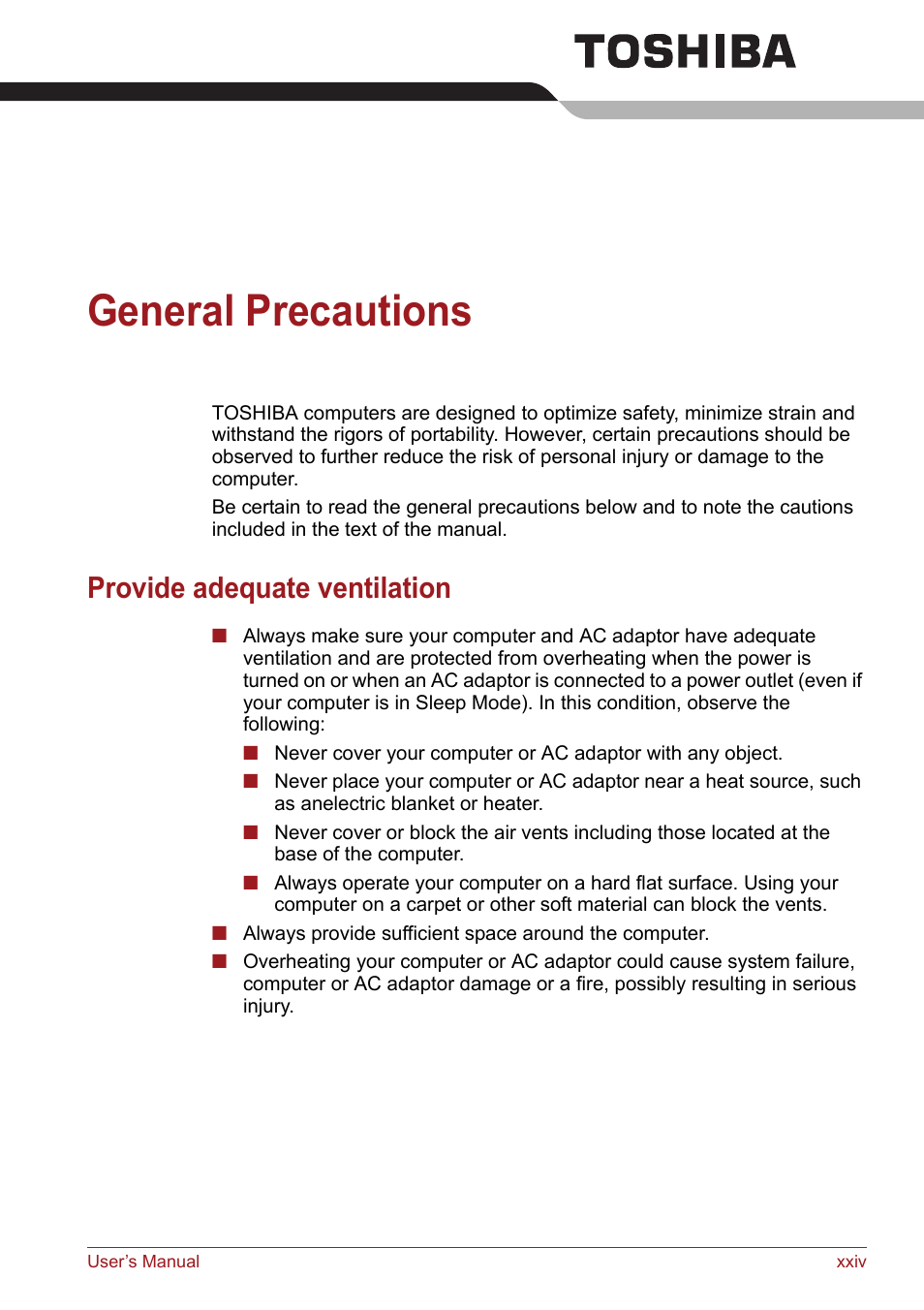 General precautions, Provide adequate ventilation | Toshiba Satellite Pro S750 User Manual | Page 24 / 204