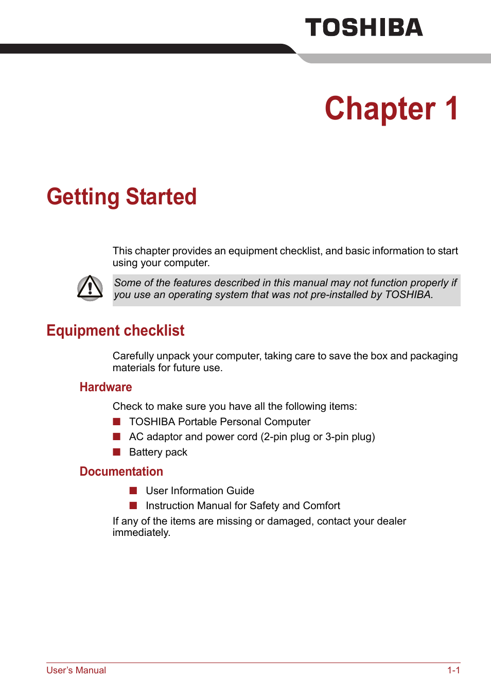 Chapter 1, Getting started, Equipment checklist | Equipment checklist -1 | Toshiba Satellite Pro S750 User Manual | Page 27 / 204