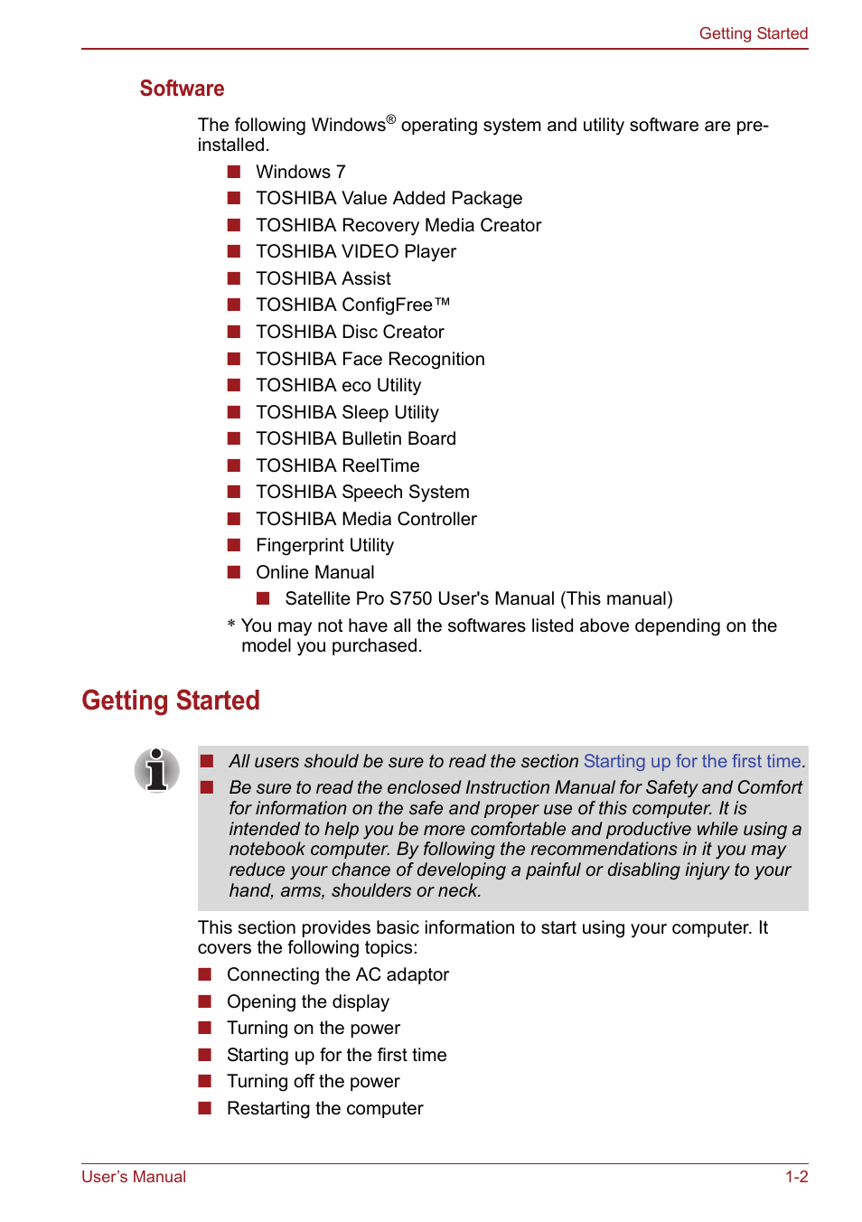 Getting started, Getting started -2, Apter 1 | Software | Toshiba Satellite Pro S750 User Manual | Page 28 / 204