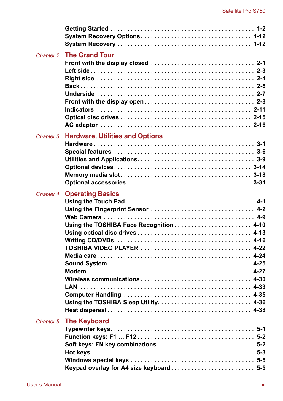 Toshiba Satellite Pro S750 User Manual | Page 3 / 204