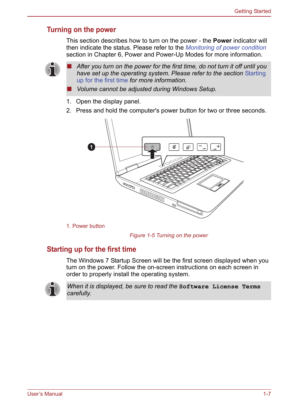 Turning on the power, Starting up for the first time | Toshiba Satellite Pro S750 User Manual | Page 33 / 204