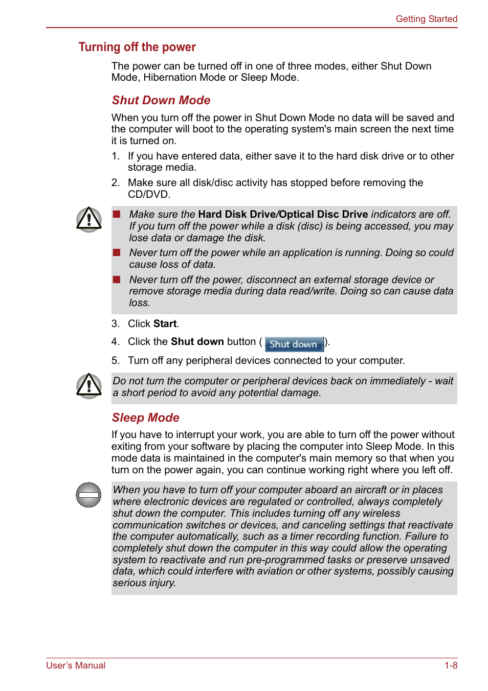 Turning off the power | Toshiba Satellite Pro S750 User Manual | Page 34 / 204