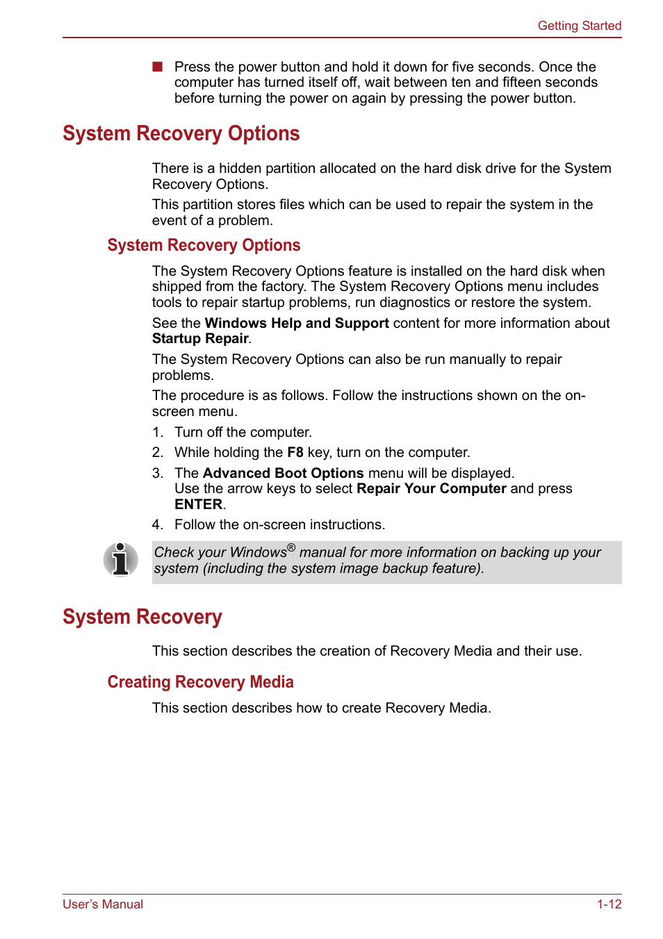 System recovery options, System recovery, System recovery options -12 system recovery -12 | Toshiba Satellite Pro S750 User Manual | Page 38 / 204
