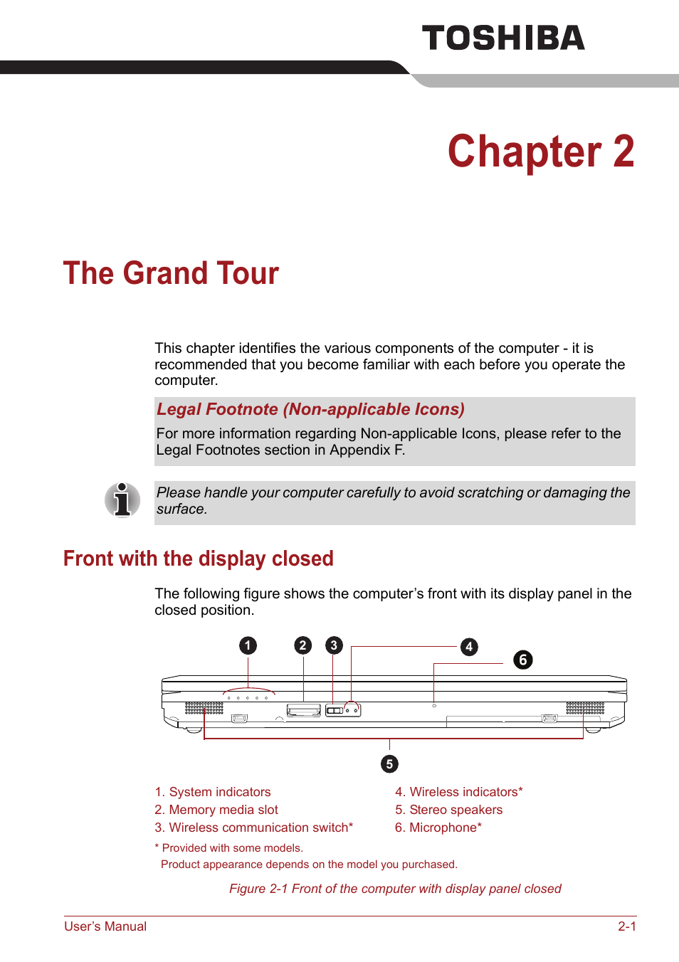 Chapter 2, The grand tour, Front with the display closed | Front with the display closed -1 | Toshiba Satellite Pro S750 User Manual | Page 42 / 204
