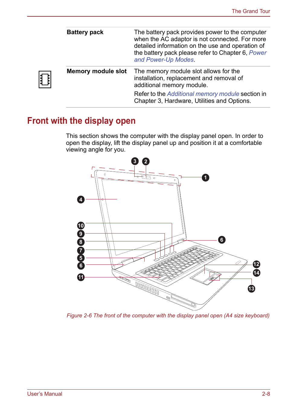 Front with the display open, Front with the display open -8 | Toshiba Satellite Pro S750 User Manual | Page 49 / 204