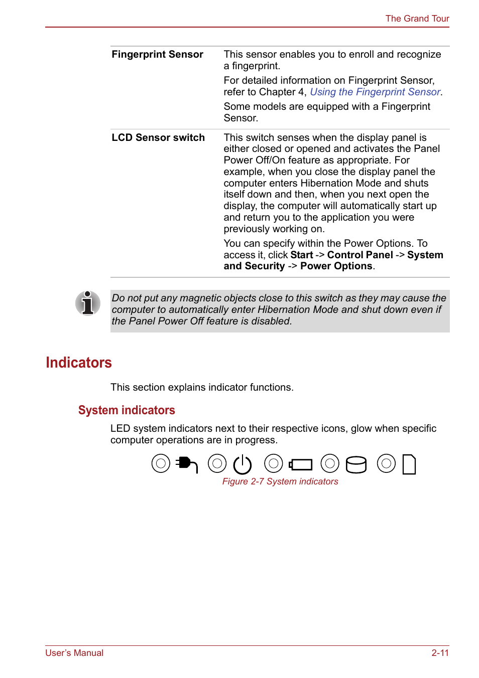Indicators, Indicators -11, System indicators | Toshiba Satellite Pro S750 User Manual | Page 52 / 204