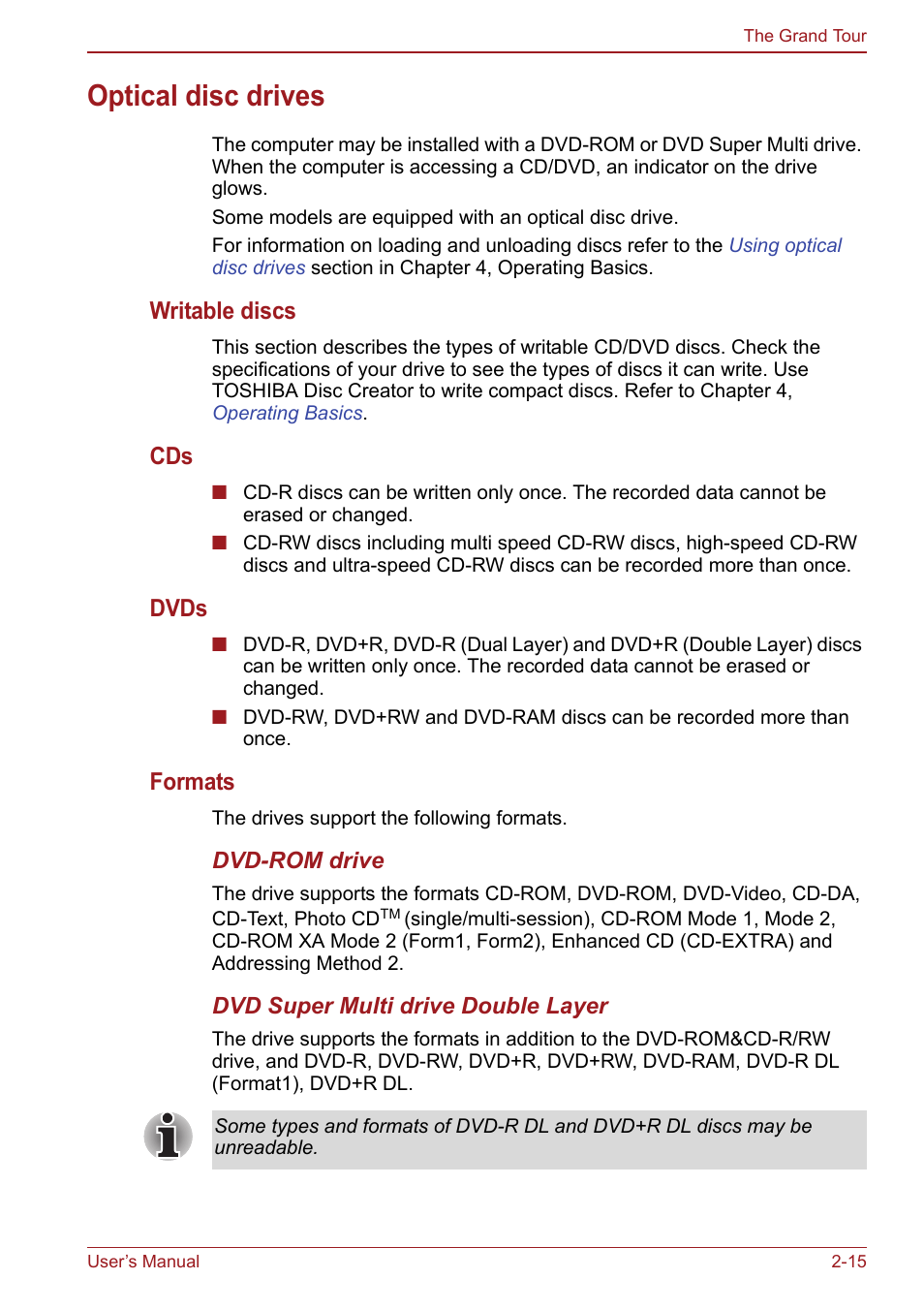 Optical disc drives, Optical disc drives -15, Writable discs | Dvds, Formats | Toshiba Satellite Pro S750 User Manual | Page 56 / 204