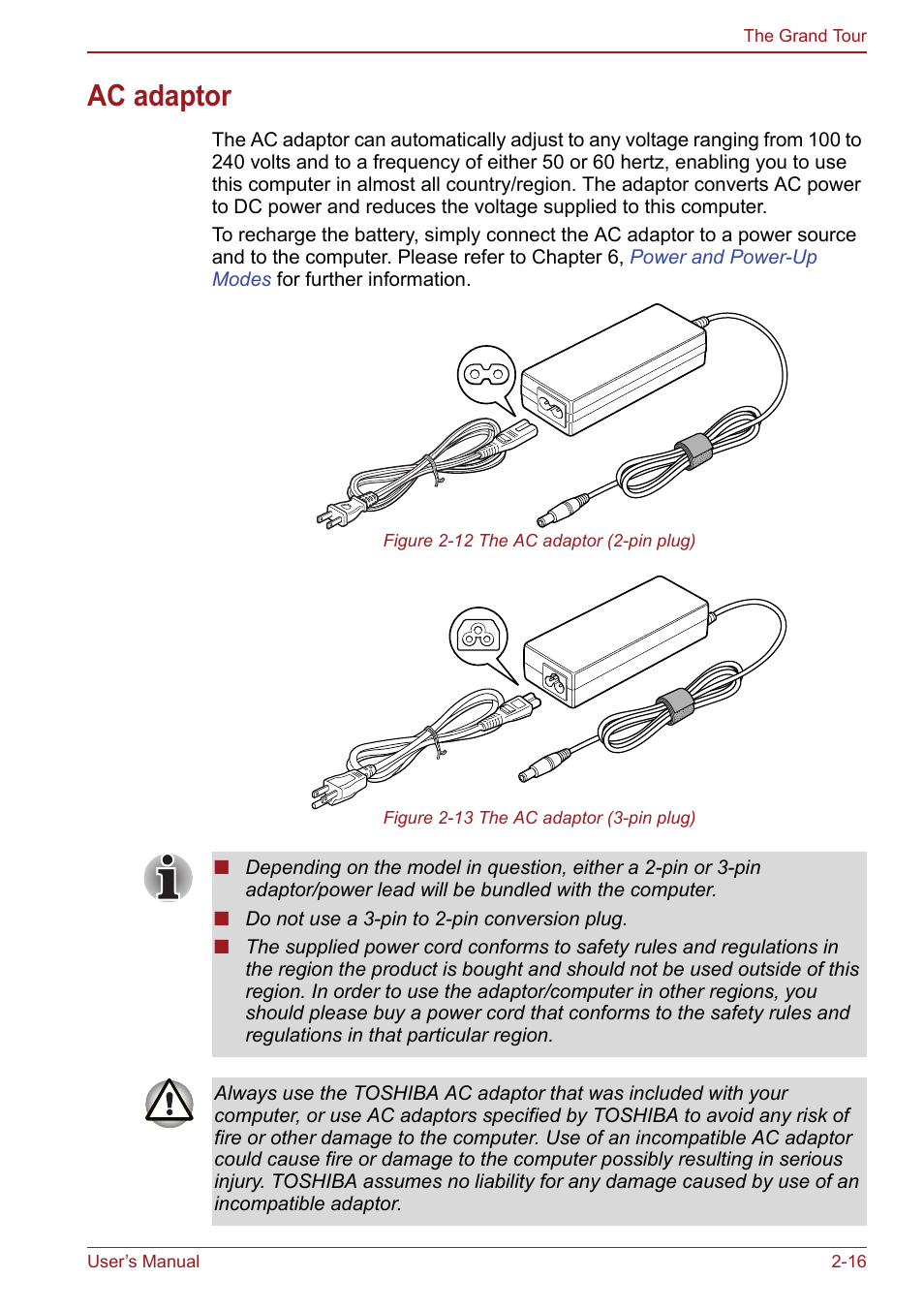 Ac adaptor, Ac adaptor -16 | Toshiba Satellite Pro S750 User Manual | Page 57 / 204