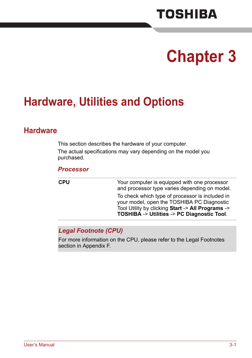 Chapter 3, Hardware, utilities and options, Hardware | Hardware -1, Utilities and options, Apter 3 | Toshiba Satellite Pro S750 User Manual | Page 58 / 204