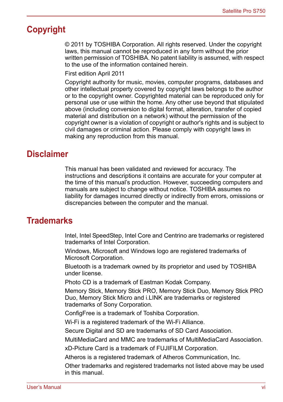 Copyright, Disclaimer, Trademarks | Toshiba Satellite Pro S750 User Manual | Page 6 / 204