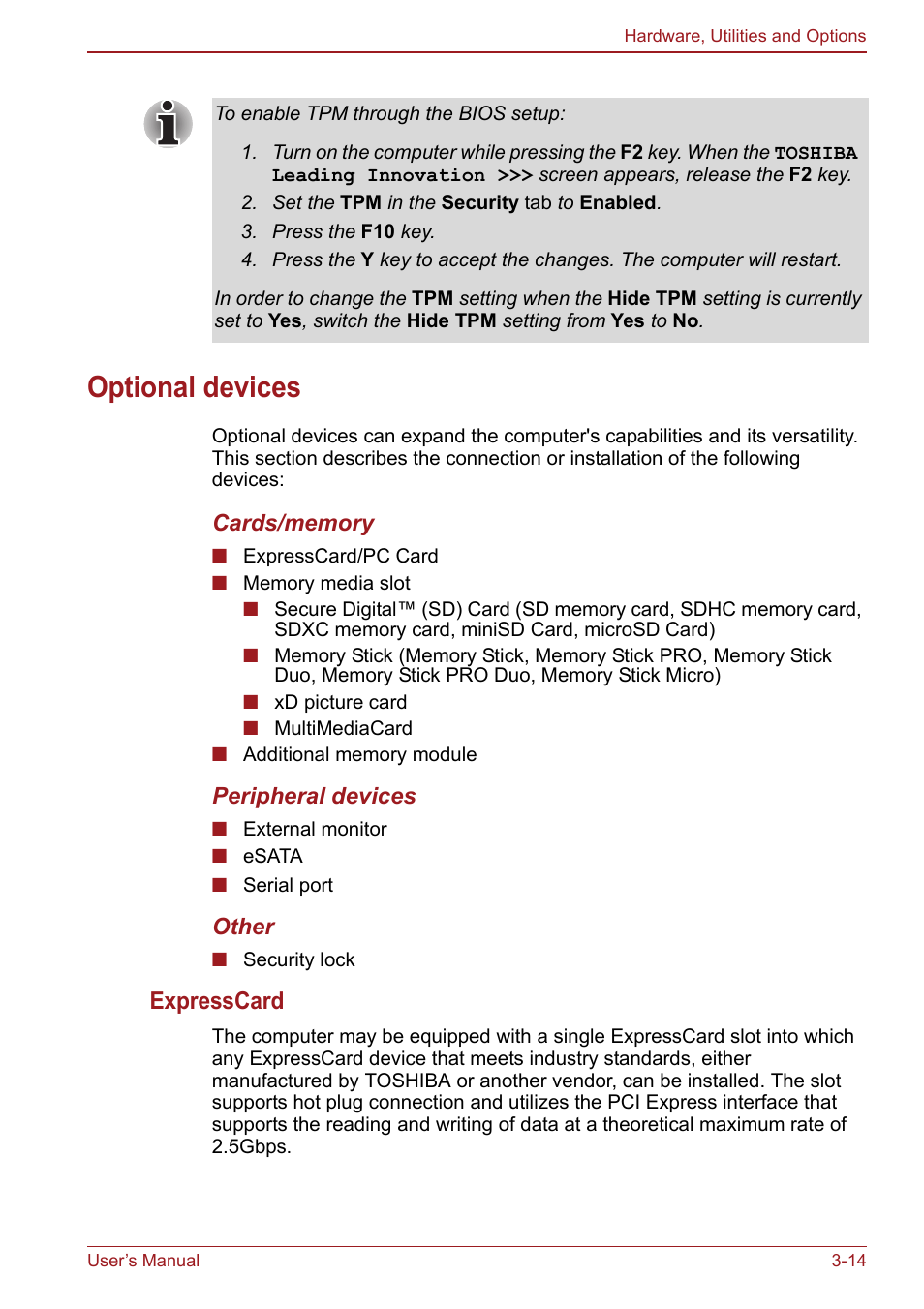 Optional devices, Optional devices -14, Expresscard | Toshiba Satellite Pro S750 User Manual | Page 71 / 204