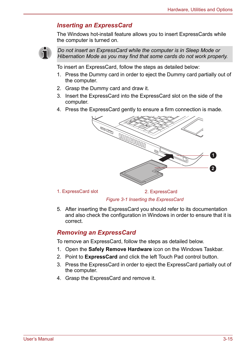 Inserting an expresscard, Removing an expresscard | Toshiba Satellite Pro S750 User Manual | Page 72 / 204