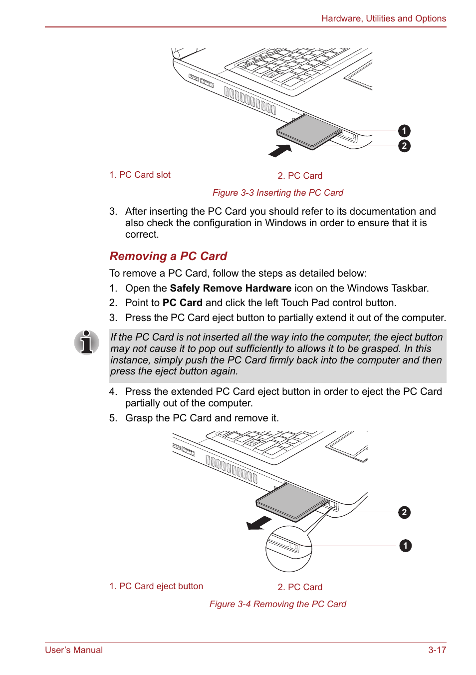 Removing a pc card | Toshiba Satellite Pro S750 User Manual | Page 74 / 204