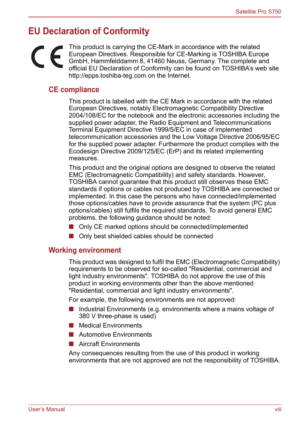 Eu declaration of conformity, Ce compliance, Working environment | Toshiba Satellite Pro S750 User Manual | Page 8 / 204