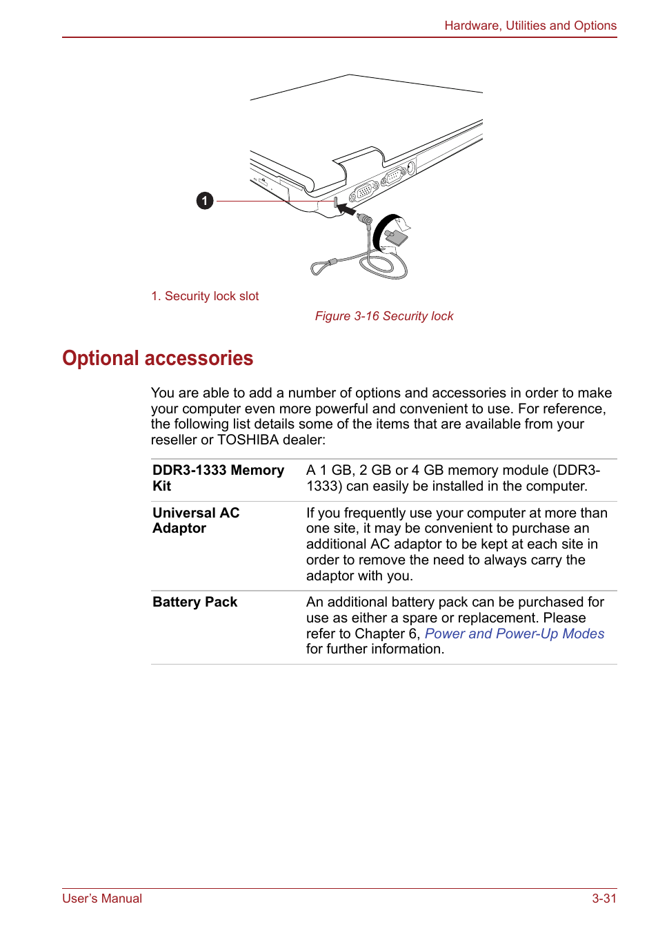 Optional accessories, Optional accessories -31 | Toshiba Satellite Pro S750 User Manual | Page 88 / 204