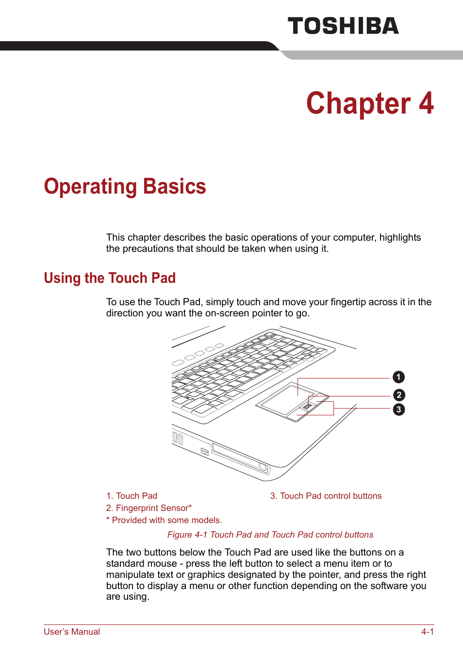 Chapter 4, Operating basics, Using the touch pad | Using the touch pad -1, Using, The touch pad | Toshiba Satellite Pro S750 User Manual | Page 89 / 204