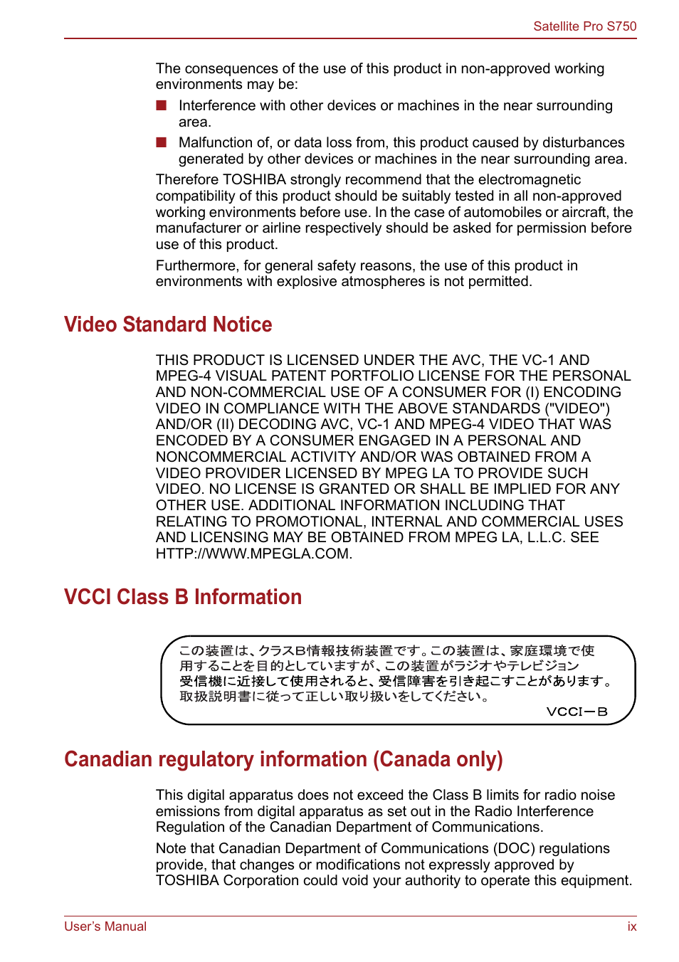 Video standard notice, Vcci class b information, Canadian regulatory information (canada only) | Toshiba Satellite Pro S750 User Manual | Page 9 / 204