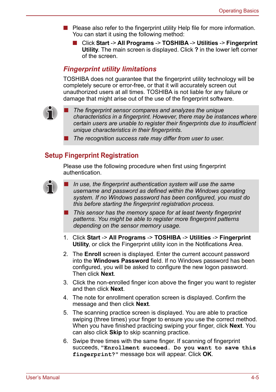 Setup fingerprint registration | Toshiba Satellite Pro S750 User Manual | Page 93 / 204