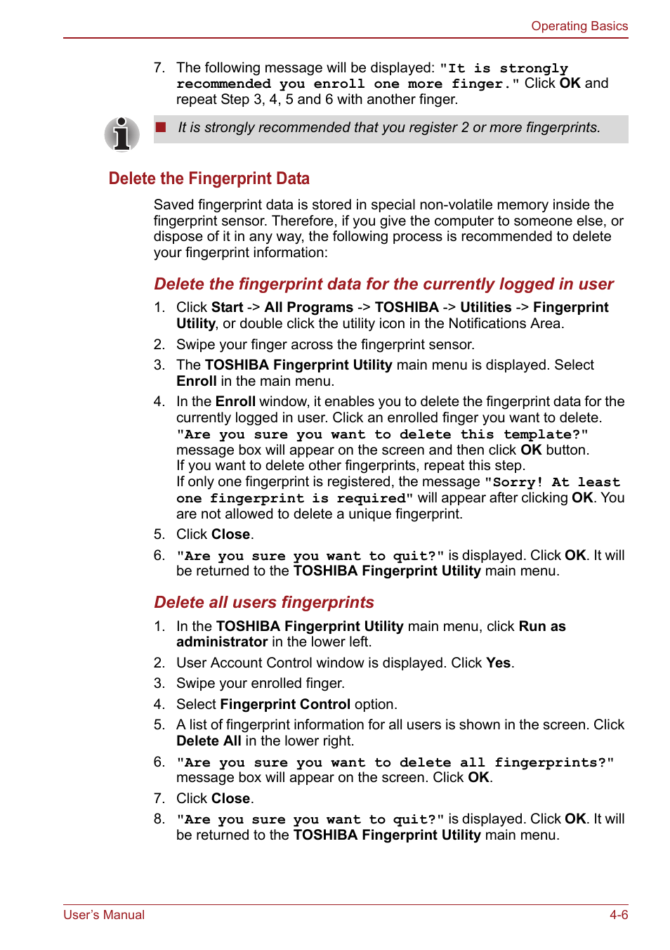 Delete the fingerprint data | Toshiba Satellite Pro S750 User Manual | Page 94 / 204