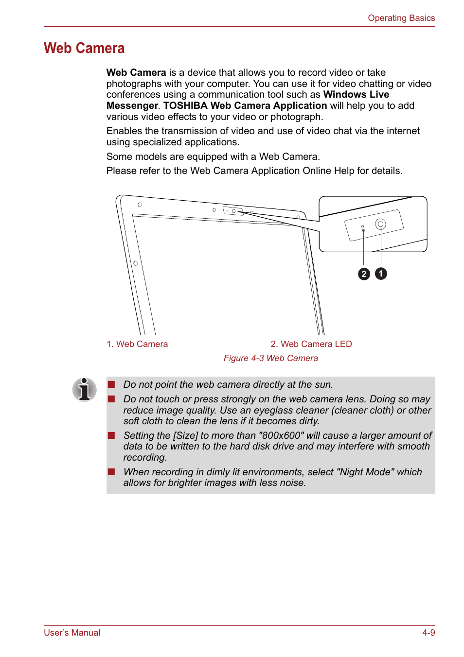 Web camera, Web camera -9 | Toshiba Satellite Pro S750 User Manual | Page 97 / 204