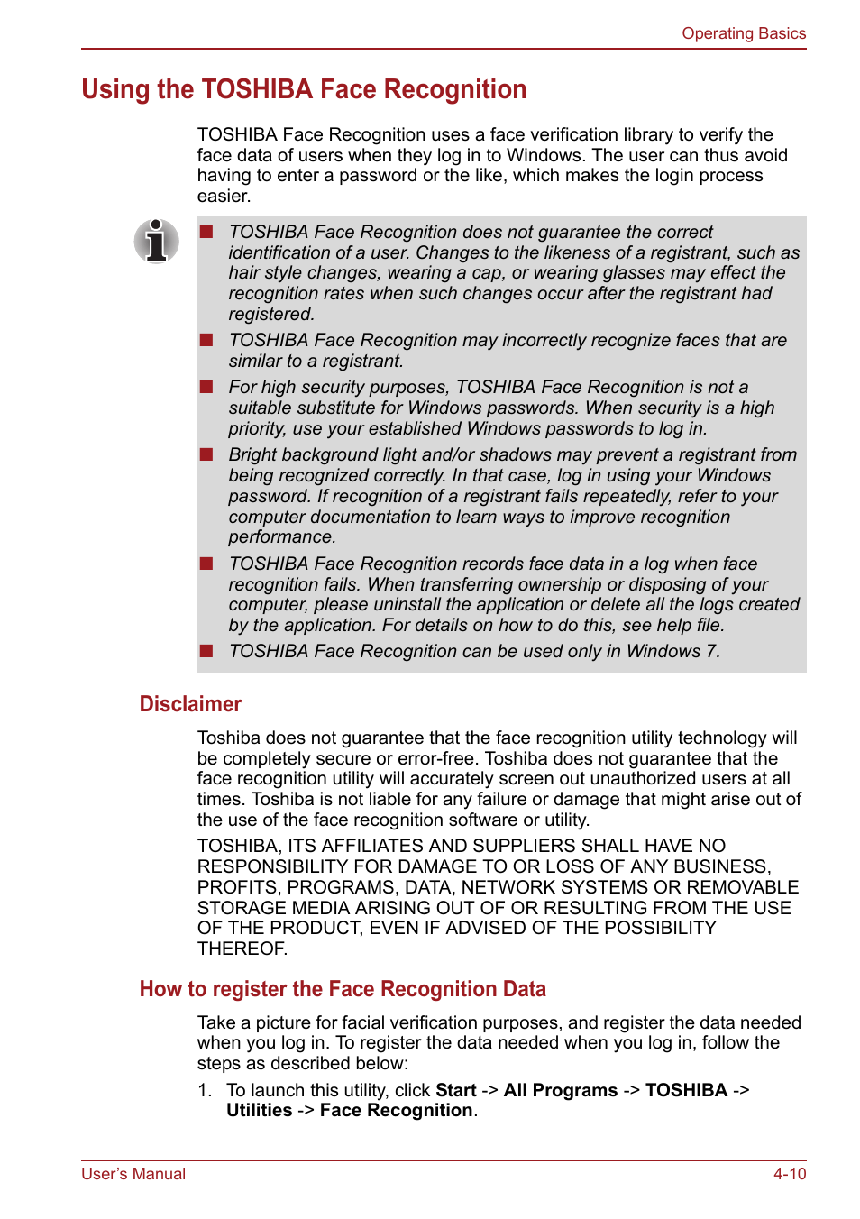 Using the toshiba face recognition, Using the toshiba face recognition -10, Using | The toshiba face recognition, Section in, Disclaimer, How to register the face recognition data | Toshiba Satellite Pro S750 User Manual | Page 98 / 204