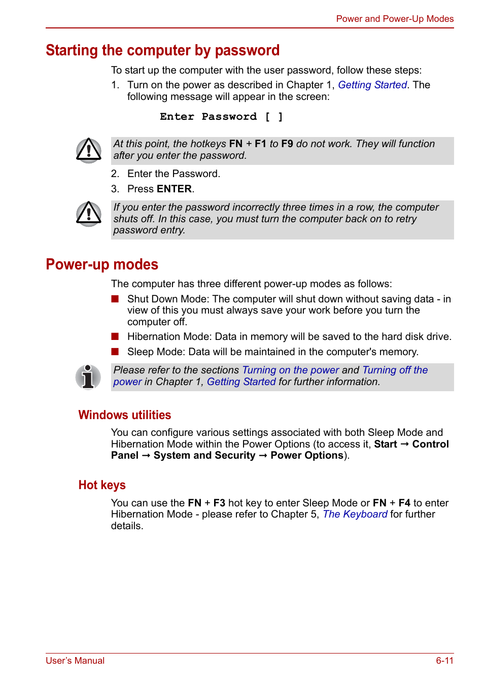 Starting the computer by password, Power-up modes | Toshiba Satellite L755 User Manual | Page 124 / 179