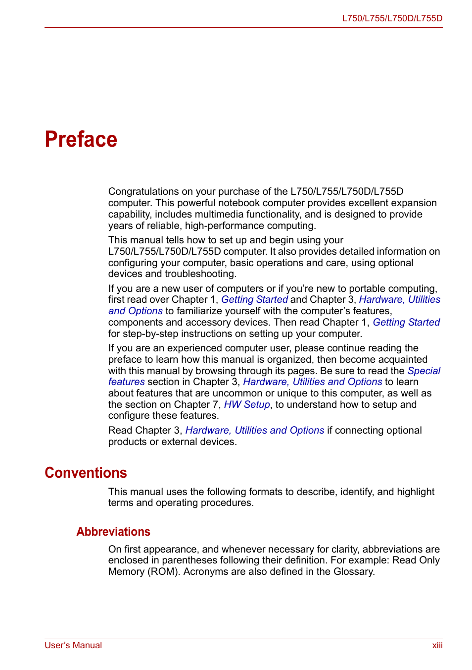 Preface, Conventions | Toshiba Satellite L755 User Manual | Page 13 / 179