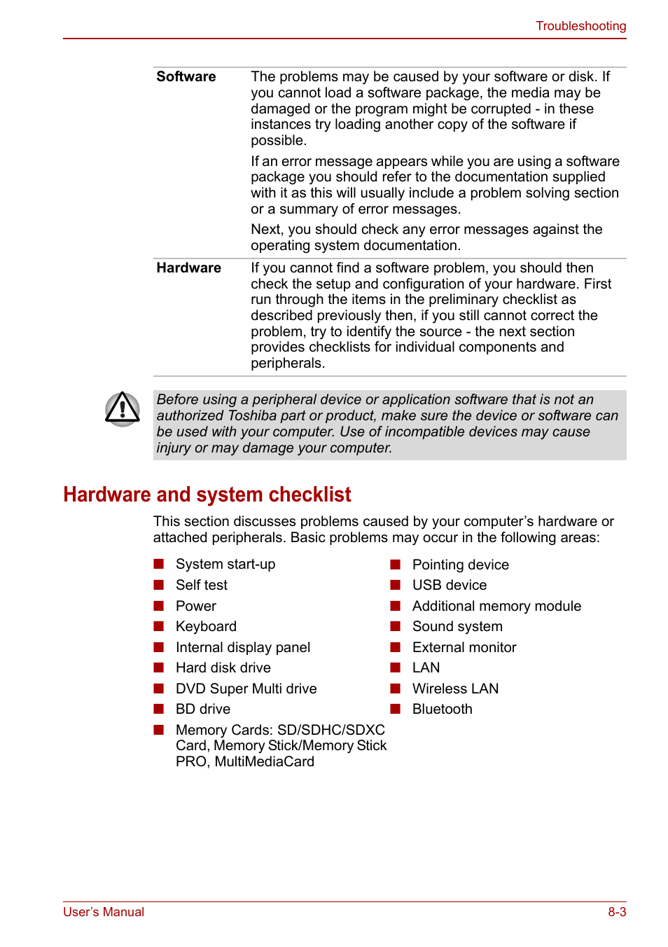 Hardware and system checklist, Hardware and system checklist -3 | Toshiba Satellite L755 User Manual | Page 134 / 179