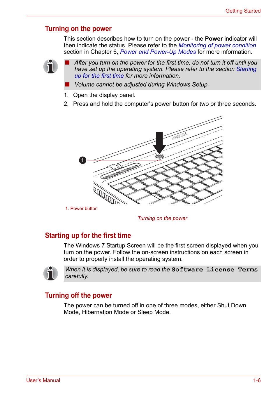 Turning on the power, Starting up for the first time, Turning off the power | Toshiba Satellite L755 User Manual | Page 24 / 179