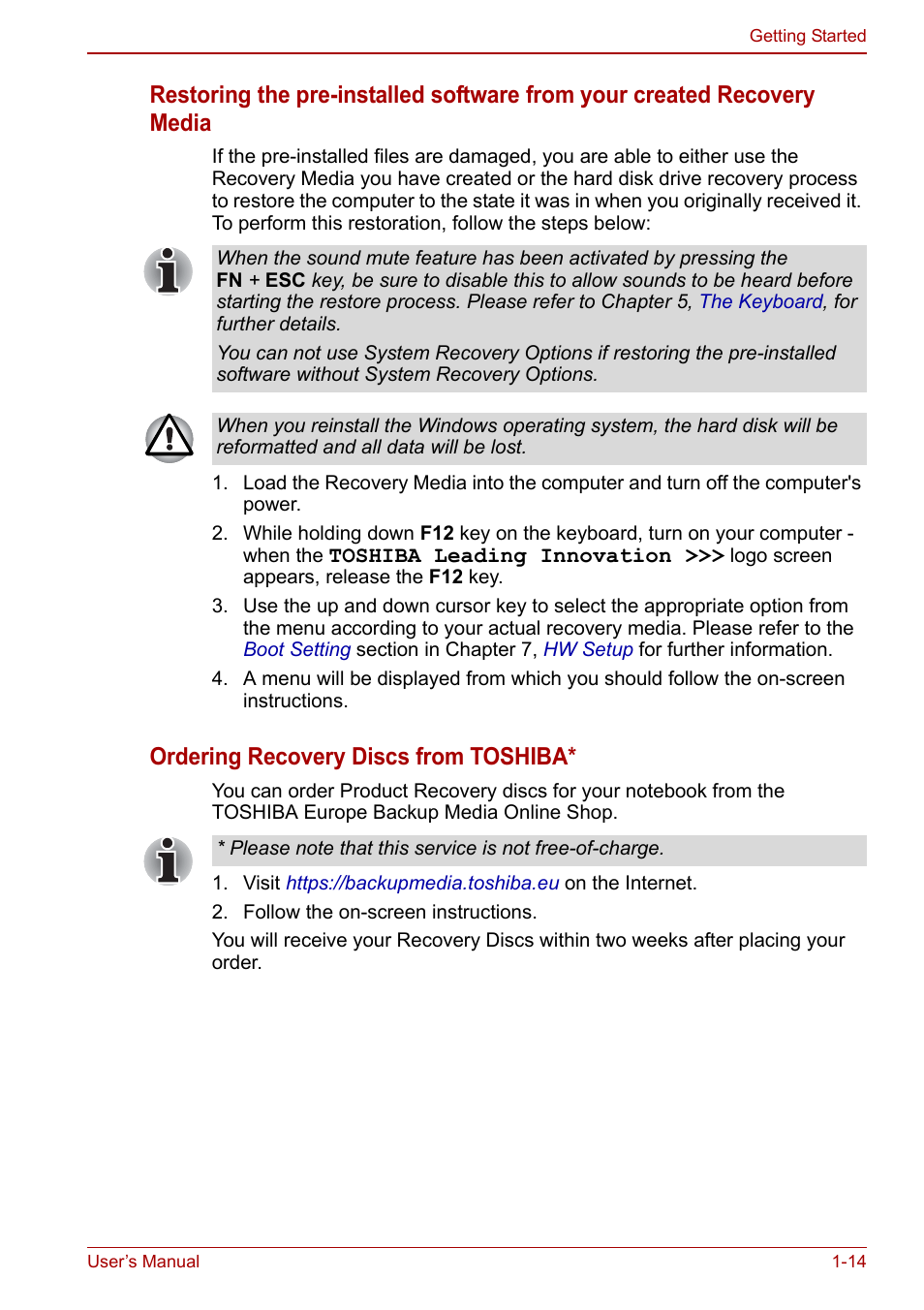 Ordering recovery discs from toshiba | Toshiba Satellite L755 User Manual | Page 32 / 179