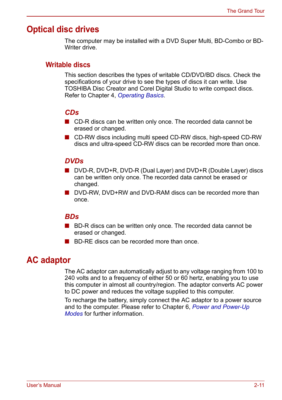 Optical disc drives, Ac adaptor, Optical disc drives -11 ac adaptor -11 | Toshiba Satellite L755 User Manual | Page 43 / 179