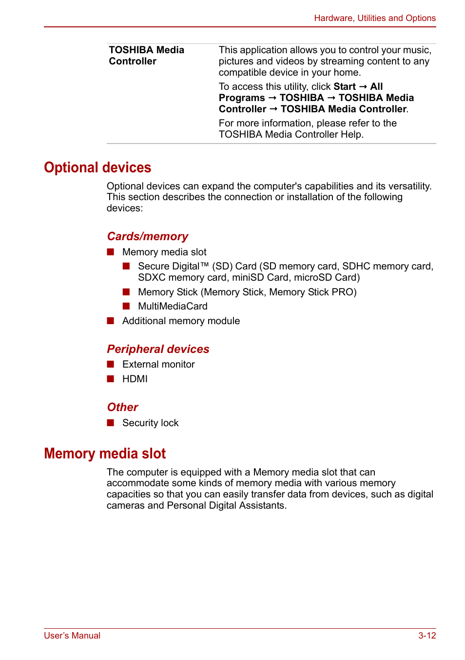 Optional devices, Memory media slot, Optional devices -12 memory media slot -12 | Section in chapter | Toshiba Satellite L755 User Manual | Page 56 / 179