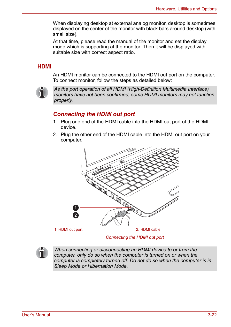 Hdmi, Connecting the hdmi out port | Toshiba Satellite L755 User Manual | Page 66 / 179