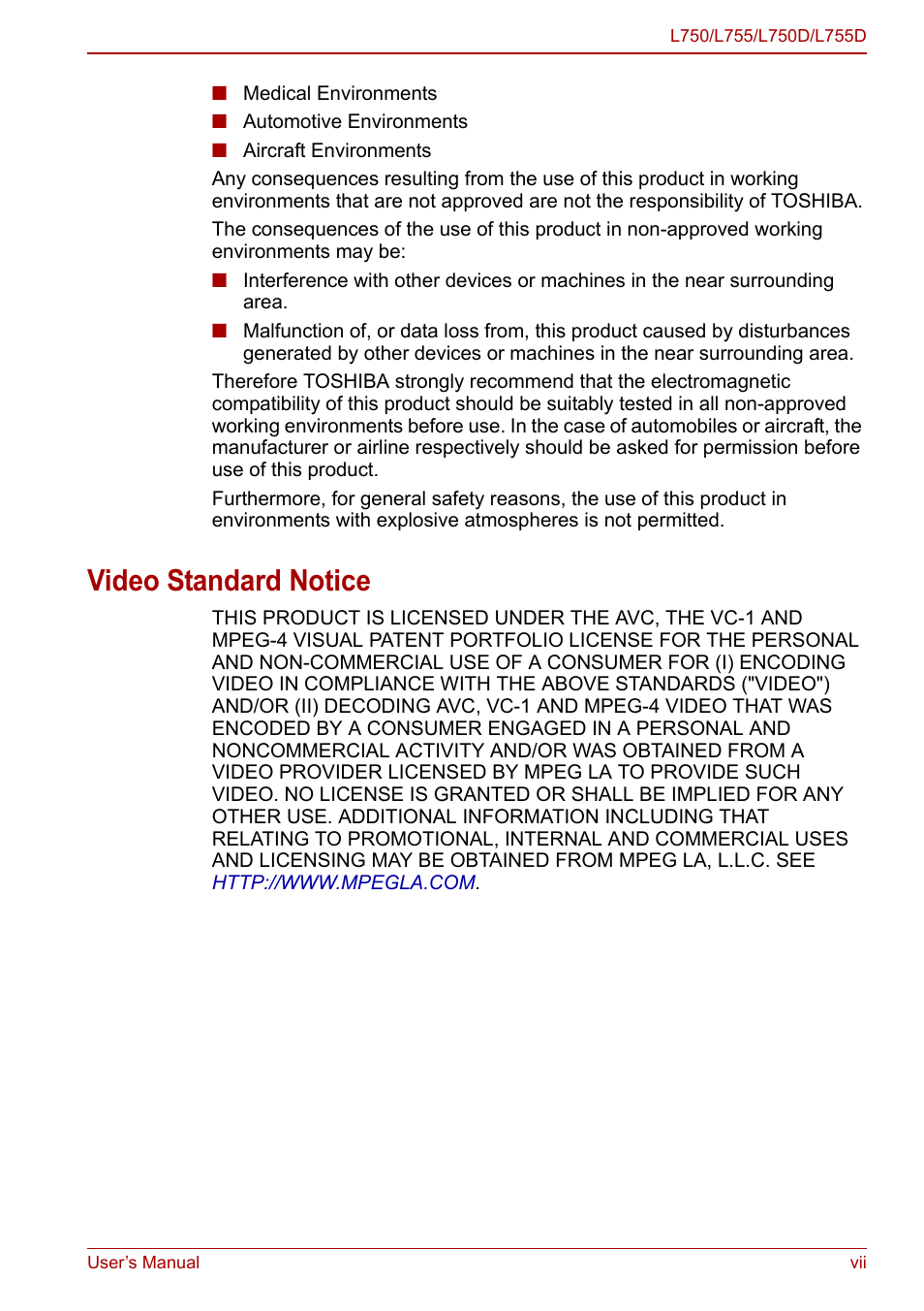 Video standard notice | Toshiba Satellite L755 User Manual | Page 7 / 179